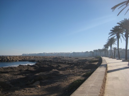 This sidewalk stretches all along the sea, with the Mediterranean on one side and date trees on the other.
