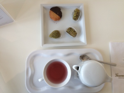 Afternoon tea...one of those little green things is the pistachio baklava